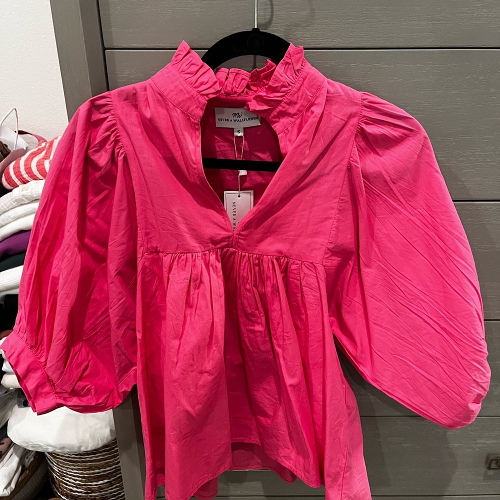 Vibrant Pink Blouse with Ruffled Neckline